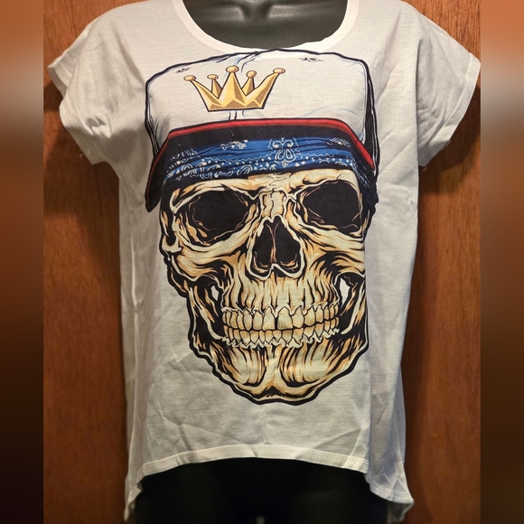Mittelmeer skull graphic white t-shirt capped sleeves high/low hemline szF - Picture 4 of 6